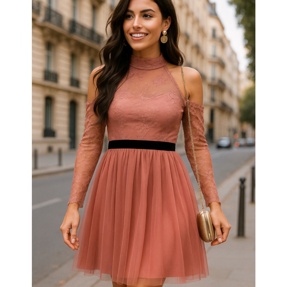 ASOS Dusty Rose Cold-Shoulder Lace Long Sleeve Dress with Black Waist